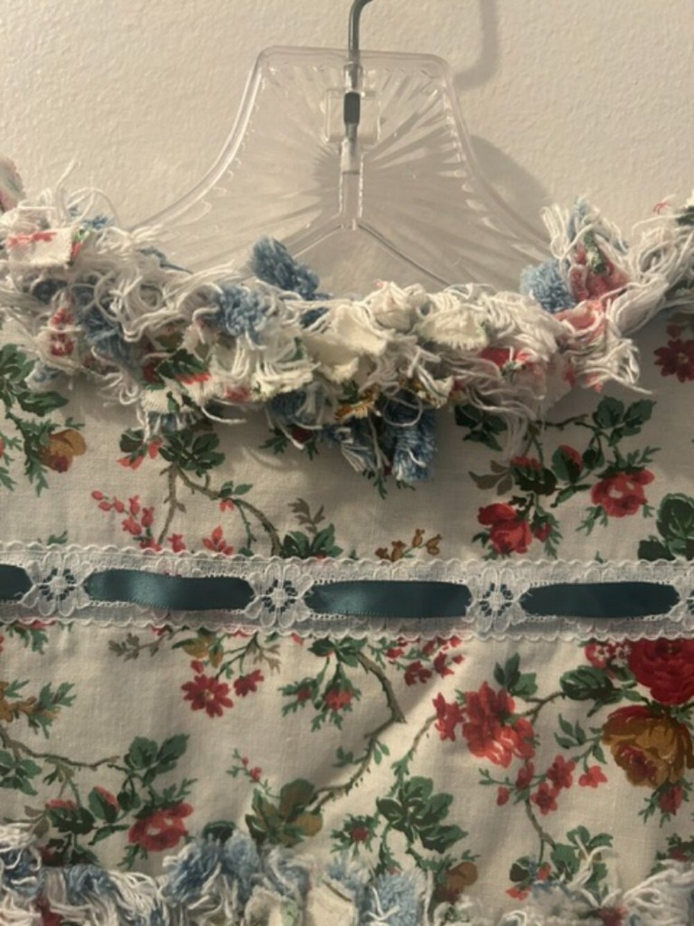 One of a Kind Upcycled Handcrafted Floral Lace Ribbon Distressed Denim Vest - Picture 10 of 16